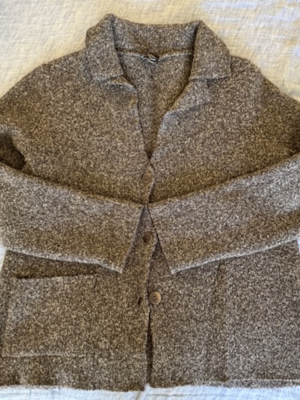 Eileen Fisher merino-cashmere bouclé cardigan with collar and pocket, size M